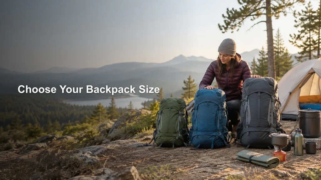 Camper in a knit beanie and puffer jacket kneels beside three differently sized hiking backpacks at a rocky mountain campsite, with a tent and cooking gear nearby.