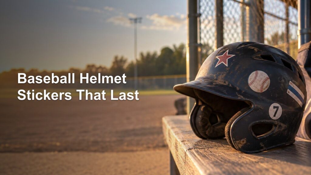 Mud-splattered black baseball batting helmet with a star, baseball, striped, and number 7 stickers resting on a wooden dugout bench at sunset beside a fenced field; headline text appears on the left.