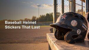 Mud-splattered black baseball batting helmet with a star, baseball, striped, and number 7 stickers resting on a wooden dugout bench at sunset beside a fenced field; headline text appears on the left.