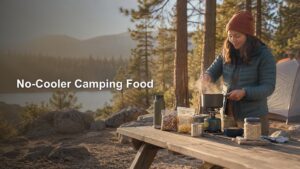 Camper in a beanie and puffer jacket cooks at a picnic table beside a tent, with dry foods, jars, a can, and a small gas stove in a pine forest campsite.
