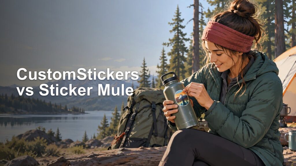 Illustrated camper beside a lake and pine forest applies a mountain landscape sticker to a reusable water bottle, with the headline “CustomStickers vs Sticker Mule” on the left.