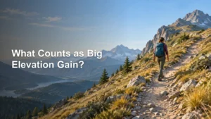 A hiker with a blue backpack walks up a rocky mountain trail above a forested valley and lake, with rugged peaks in the distance; the headline “What Counts as Big Elevation Gain?” appears on the left.
