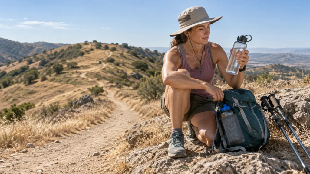 Hiker resting beside a backpack on a dry, sunny hillside trail, holding a clear water bottle while another bottle sits in the pack’s side pocket.