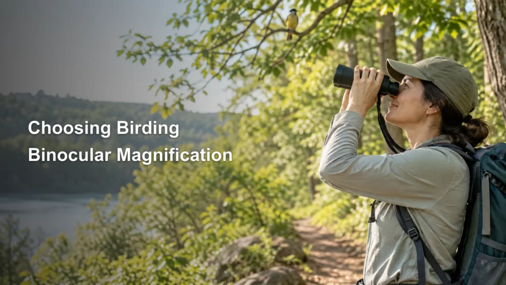 Hiker wearing a cap and backpack looks through binoculars on a sunlit wooded trail beside water, with a small bird perched on a branch overhead; large headline text fills the left side.