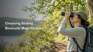 Hiker wearing a cap and backpack looks through binoculars on a sunlit wooded trail beside water, with a small bird perched on a branch overhead; large headline text fills the left side.