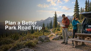 Two hikers prepare backpacks beside an open SUV and picnic table at a mountain trailhead, with pine trees and jagged snow-dusted peaks behind them at sunset.