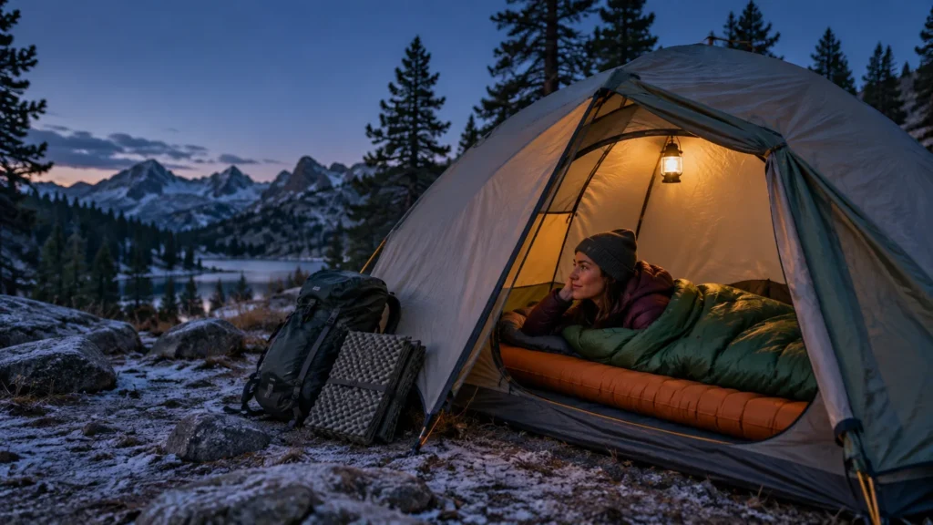 Camper resting in a warmly lit tent at dusk, lying on an orange inflatable sleeping pad beneath a green sleeping bag; a backpack and folded foam pad sit outside on lightly snow-dusted rocky ground, with pine trees, a lake, and mountains behind.