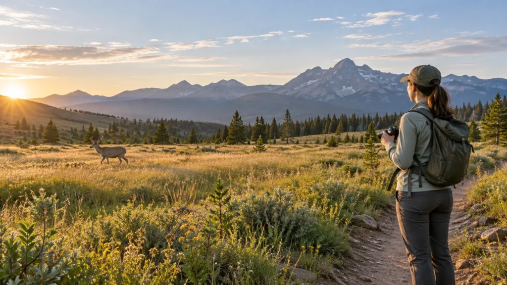 A hiker with a backpack and camera stands on a trail at sunrise, watching a deer in a grassy mountain meadow beneath snow-dusted peaks.