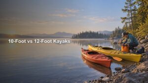 Two colorful kayaks rest at the rocky edge of a calm mountain lake while a person packs an orange dry bag beside them; the overlaid headline reads “10-Foot vs 12-Foot Kayaks.”