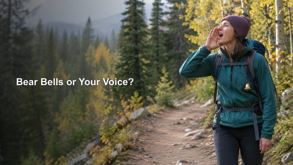 Hiker wearing a teal jacket and backpack calls out on a forest trail, with a small bell attached to the pack and autumn trees behind her.