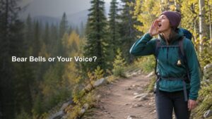 Hiker wearing a teal jacket and backpack calls out on a forest trail, with a small bell attached to the pack and autumn trees behind her.