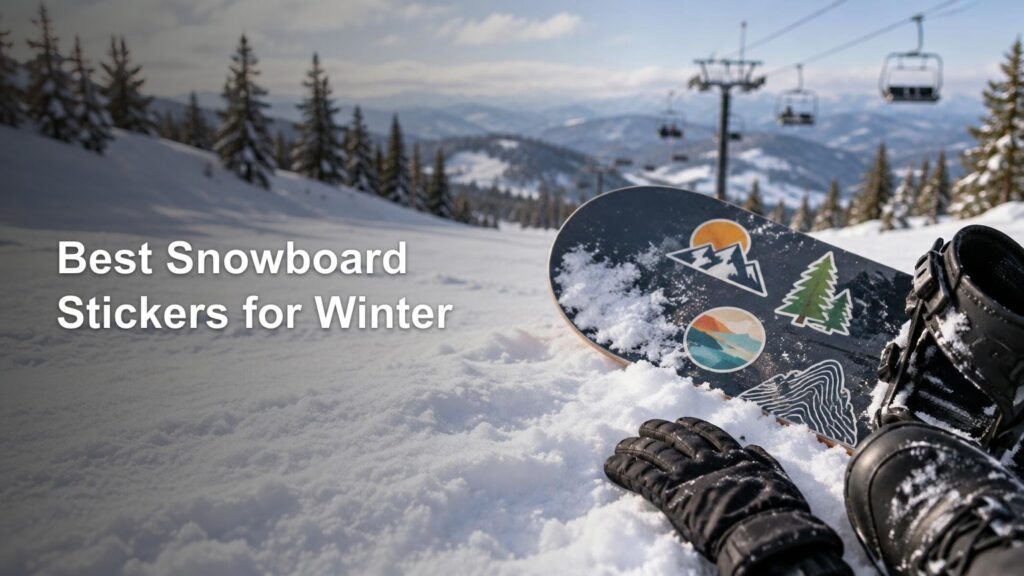 Snowboard with colorful mountain, tree, and topographic-style stickers resting in fresh snow beside black boots and gloves, with chairlifts and snowy evergreens behind it.