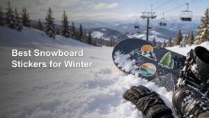 Snowboard with colorful mountain, tree, and topographic-style stickers resting in fresh snow beside black boots and gloves, with chairlifts and snowy evergreens behind it.