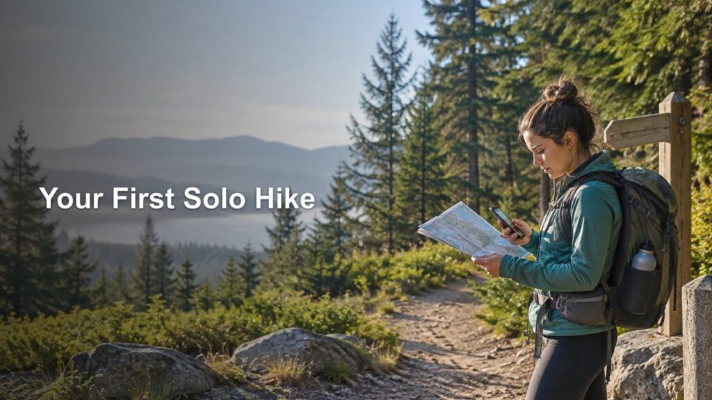 A solo hiker with a backpack checks a paper map and smartphone beside a forest trail, with mountains and evergreen trees in the background; the headline reads “Your First Solo Hike.”
