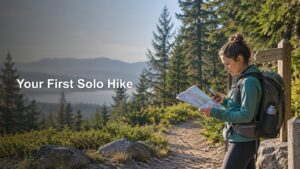 A solo hiker with a backpack checks a paper map and smartphone beside a forest trail, with mountains and evergreen trees in the background; the headline reads “Your First Solo Hike.”