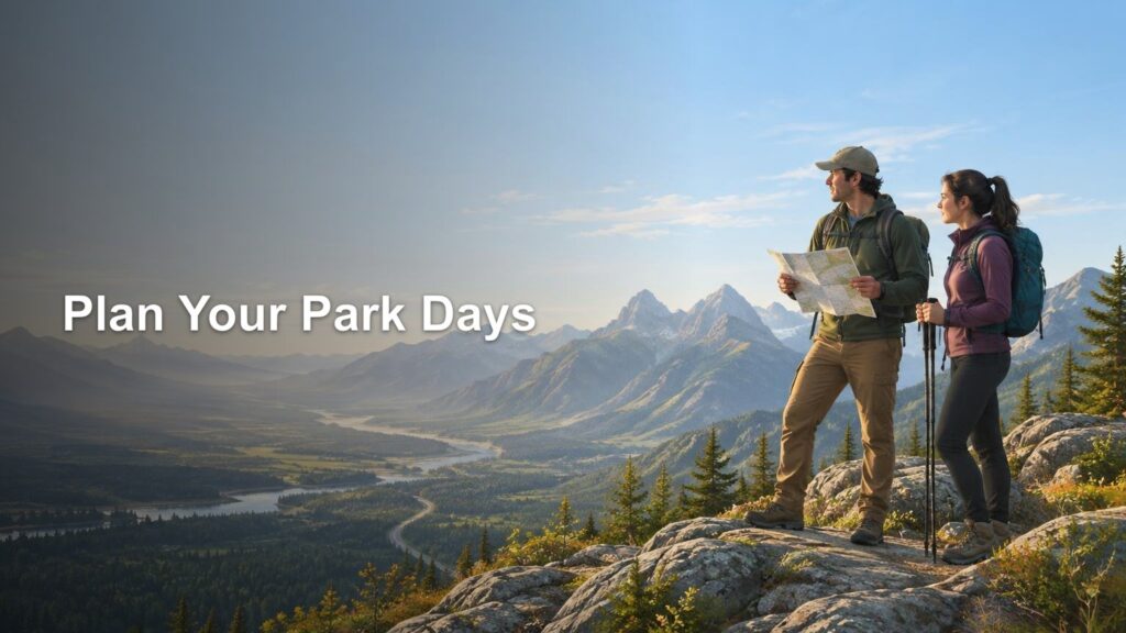 Two backpacked hikers stand on a rocky mountain overlook with a paper map, trekking poles, forested valley, and jagged peaks behind them.