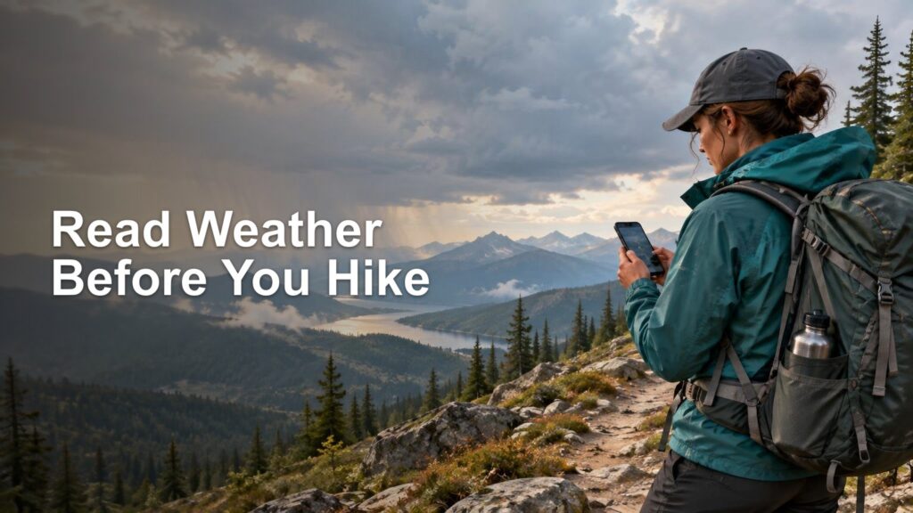 Hiker with a large backpack checks a smartphone on a rocky mountain trail beneath dark clouds, with forested ridges and a lake below.