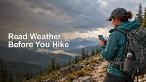 Hiker with a large backpack checks a smartphone on a rocky mountain trail beneath dark clouds, with forested ridges and a lake below.