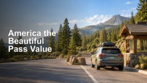 A roof-box-equipped SUV parked beside a wooden entry booth on a pine-lined mountain road, with rocky peaks in the background and the headline “America the Beautiful Pass Value” over the sky at left.