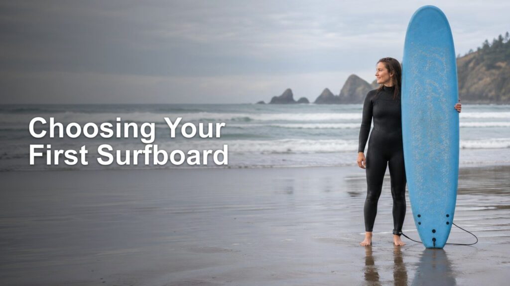 A woman in a black wetsuit stands on a wet beach beside a tall blue surfboard, with small waves, rocky sea stacks, and a forested shoreline behind her. White overlay text reads “Choosing Your First Surfboard.”