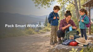 A parent packs a backpack with water, food, and outdoor essentials while two children wearing backpacks stand beside a trailhead with forested mountains in the background.
